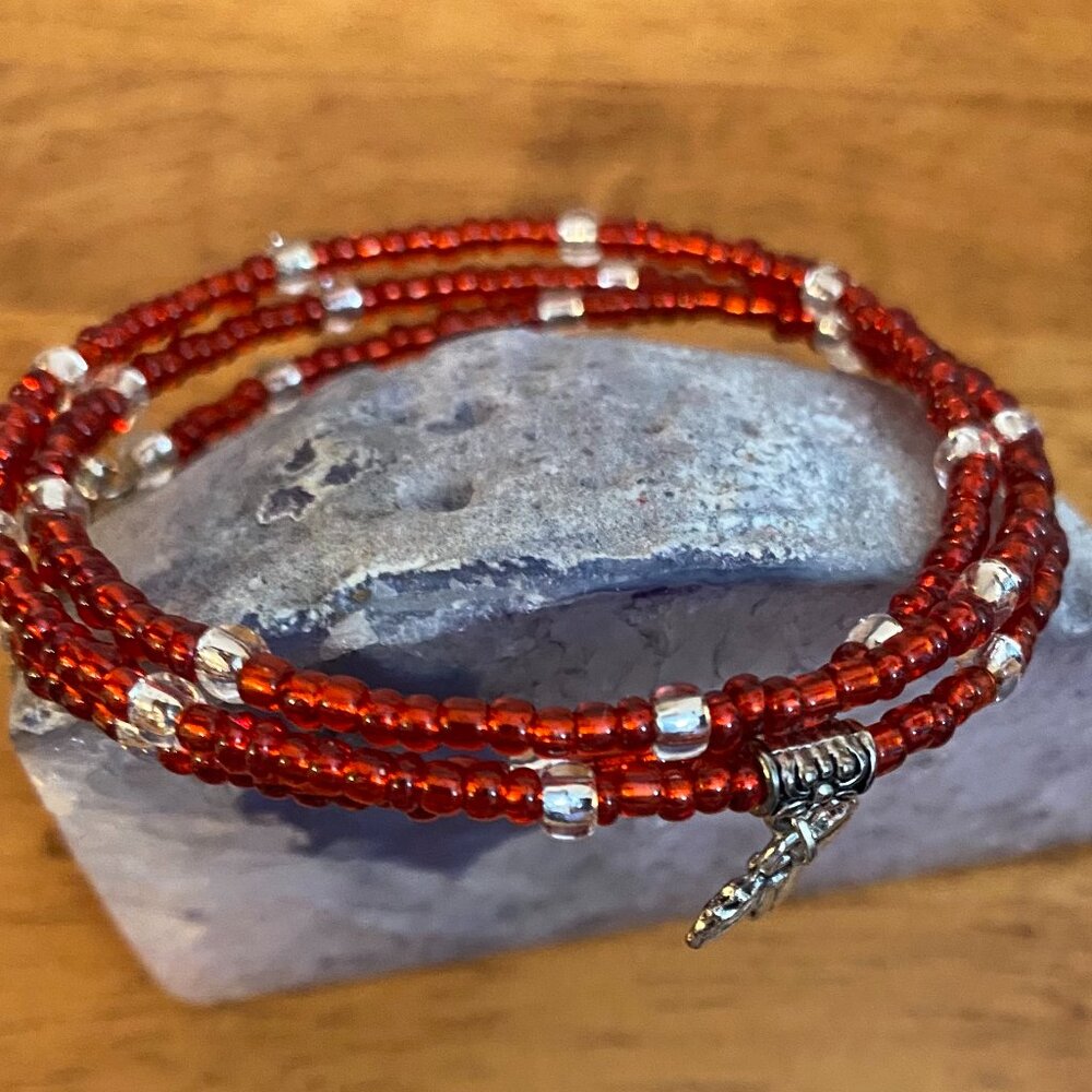 Deep red glass seed bead memory wire bracelet